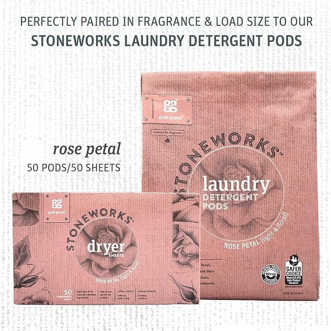 Grab Green Stoneworks Dryer Sheets, 160 Count, Fragrance Free, Compostable | Softens fabrics; Reduces Static; Cruelty-free; Plant & Mineral Based; No Harsh Chemicals