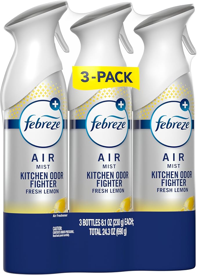 Febreze Air Mist, Air Freshener Spray, Odor Fighting Room Spray, Deodorizer for Home Bathroom Kitchen Office Apartment Dorm Room Classroom, Kitchen Odor Fighter Fresh Lemon Scent, 8.1oz, 3-pack