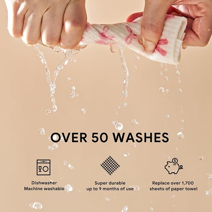 RECYCO Swedish Dishcloths for Kitchen | 6 Packs Lovely Bows Washable Dish Rags | Cellulose Reusable Cleaning Paper Towels | Absorbent Counter Dish Cloth Sponge Kitchen Wipes, 8" L x 7" W