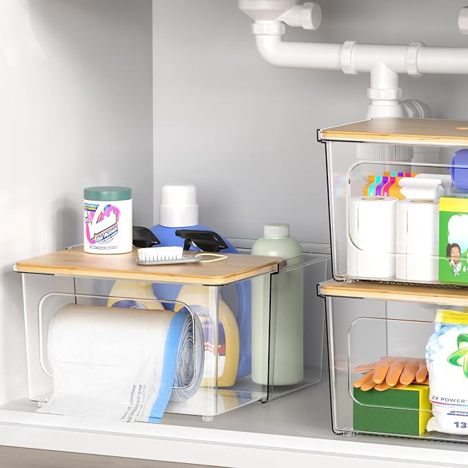 iCASA Trash Bag Dispenser Holder - 2 in 1 Acrylic Under Sink Organizer | Garbage Bags Dispenser with Bamboo Lid, Holds up to 100 Count, 13/30/33 Gallon Bag Roll, Pantry Organization and Storage