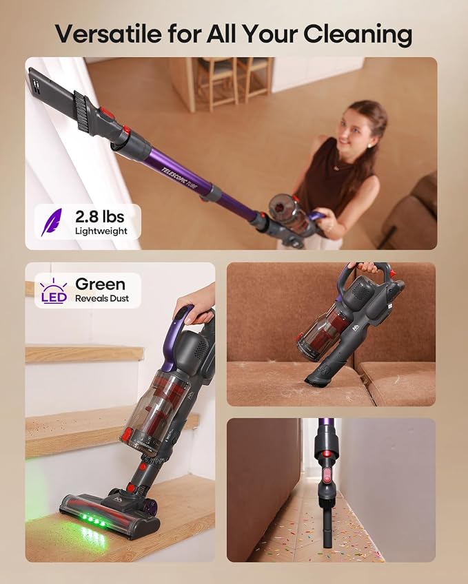AlloyMove Cordless Vacuum Cleaner 45KPA, Up to 60mins Runtime Lightweight Powerful Suction Vacuum Cleaners for Home, 3 Suction Modes, Rechargeable Stick Vacuum for All Floor/Carpet/Pet Hair/Car, A03