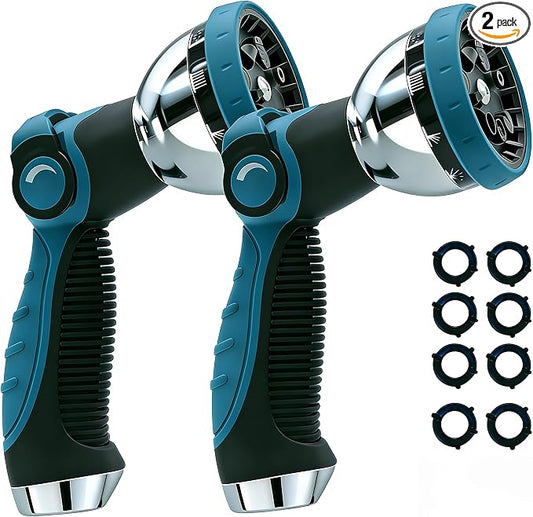 Garden Hose Nozzle Heavy Duty, Metal Water Hose Sprayer with 10 Adjustable Spray Patterns, Thumb Control On Off Valve, High Pressure Hose Nozzle for Watering, Cleaning, Car Washing - 2Pack