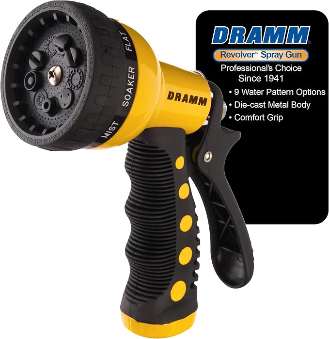 Dramm Revolver Heavy Duty Metal Garden Hose Nozzle – 9 Spray Patterns, High Pressure Jet, Thumb-Control Flow, Ergonomic Grip – Yellow