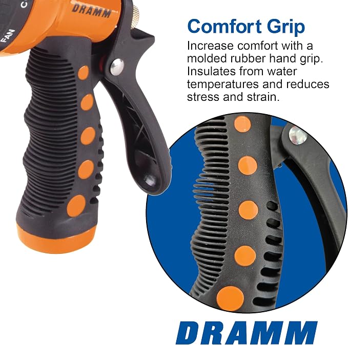 Dramm Revolver Heavy Duty Metal Garden Hose Nozzle – 9 Spray Patterns, High Pressure Jet, Thumb-Control Flow, Ergonomic Grip – Orange