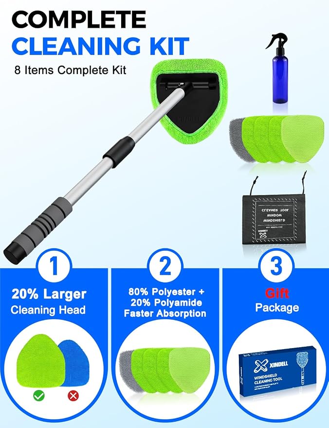 XINDELL Interior Windshield Cleaner Tool – Car Interior Window Cleaning Kit with 29inch Extended Long Handle & 4 Microfiber Pads, Auto Wiper Windshield Brush for Car, Trucks, SUVs, RVs & Home