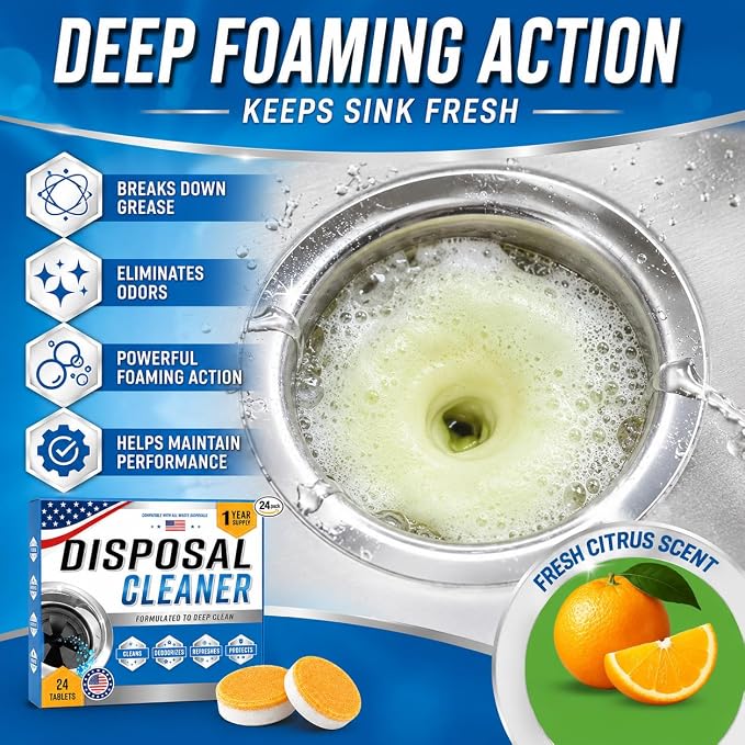 Garbage Disposal Cleaner Deodorizer Tablets, XL Foaming Citrus Sink Drain Disposal Cleaner Tablets Odor Eliminator, Grease Grime Food Residue Remover, Septic Safe, 24 Pack for 1 Year Supply
