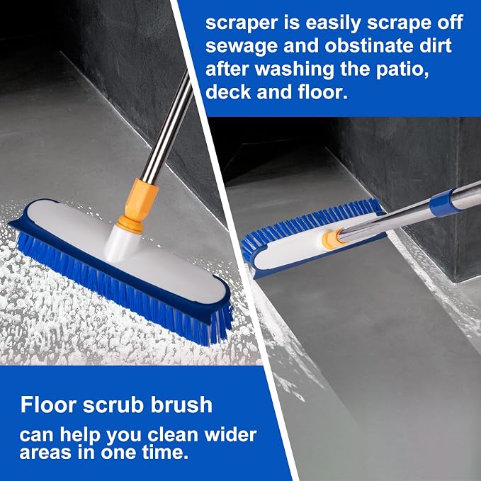 Floor Scrub Brush - 2 in 1 Deck Scrub Brush with Long Handle for Tile, Deck, Patio, Marble, Garage, Wall, Kitchen, Bathroom