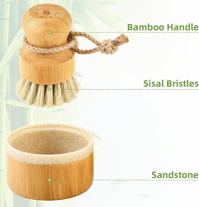 SUBEKYU Bamboo Dish Brush Set with Soap Holder, Wooden Dish Scrubber with Soap Dispenser, Natural Kitchen Scrub Brush, Washing Pot/Pans/Cast Iron, 2 Pack, Sisal Bristles