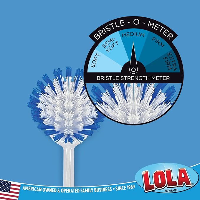 Dish Brush Kitchen Scrubber, by LOLA, Has Stiff Bristles & Food Scraper, Comfort No-Slip Grip Handle, Safe for Non-Stick & Coated Cookware, 1 Count