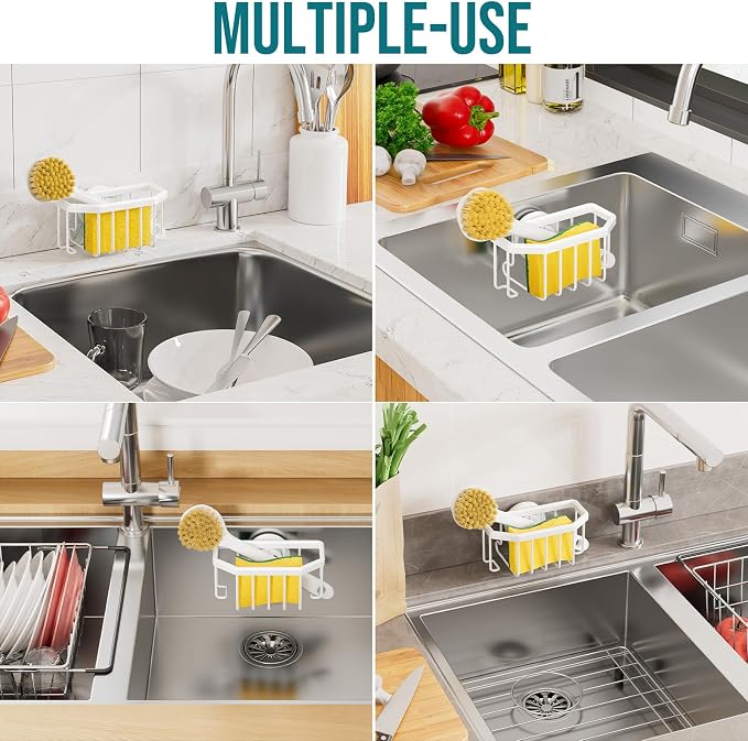 TAILI Sponge Holder for Kitchen Sink with Strong Suction Cup Removable, Rustproof Aluminum Sink Caddy for Sponge, Brush, Scrubber, Scraper -White