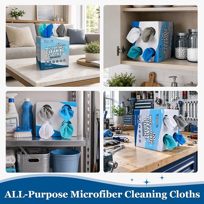 UNIMADE Microfiber Cleaning Cloth, 120 Pack Reusable Paper Towels Microfiber Towels for Cars Lint Free Shop Rags with for Home Kitchen Automotive, 11"x 9", White & Grey & Light Blue & Blue