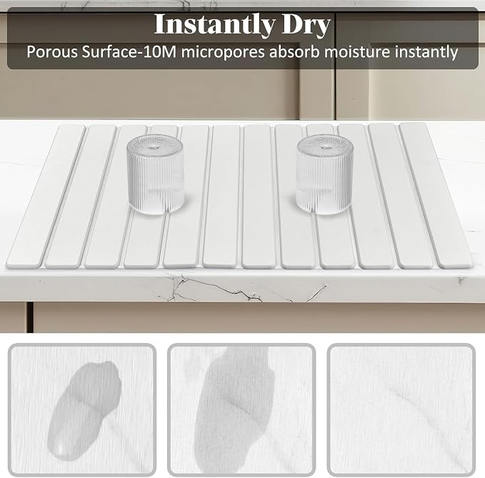 Large Stone Dish Drying Mats for Kitchen Counter, Fast Drying Collapsible Dish Drying Mat, Eco-Friendly Absorbent Diatomaceous Earth Mats for Dishes Cups, Match Any Countertop (White 28"×16" & 8"x4")