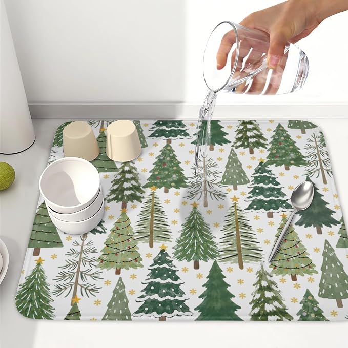 Christmas Dish Drying Mat 16x18 Inch Green Xmas Tree Winter Snowflake | Polyester，Absorbent Microfiber，for Kitchen Coffee Dining Bar Decor