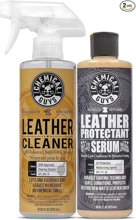 Chemical Guys, Leather Cleaner & Leather Serum Kit for Interiors, 16 oz | 2 items, for car interiors, furniture, apparel, shoes, boots, works on natural, synthetic, pleather, faux leather and more