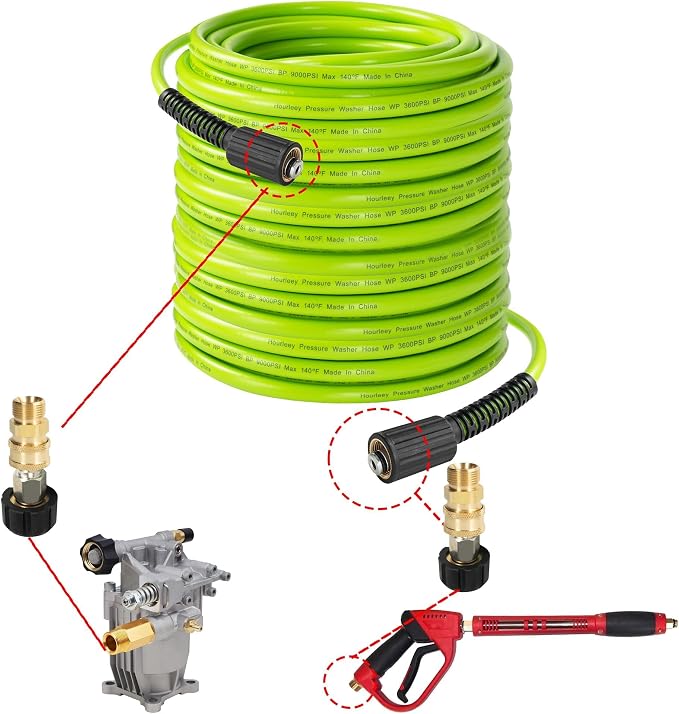 Hourleey Pressure Washer Hose 30 FT, 3600 PSI Flexible Kink Resistant Power Washer Hose Replacement, Pressure Hose Extension with 1/4" Quick Connect, Green