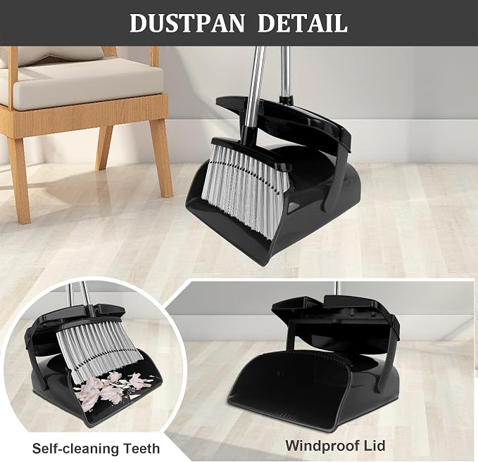Broom and Dustpan Set, 51" Long Handle Broom with Dustpan Combo Set, Windproof Standing Dust pan with Self-Cleaning Teeth, Household Set Sweep Kitchen Office Lobby Pet Room