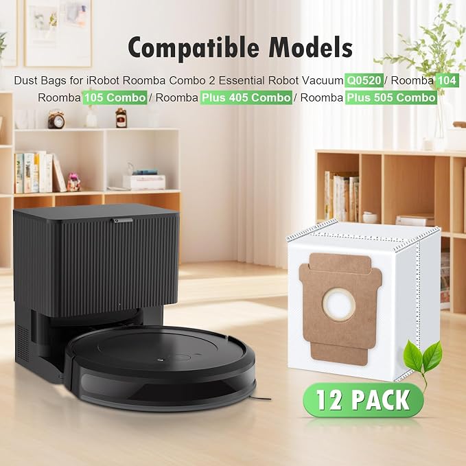 12 Pack Replacement Dust Bags Compatible with iRobot Roomba Vacuum Cleaner | for i, j, s Series, Roomba 104, 105 Vac, 105 Combo, Plus 405, Plus 505 Combo, Max 705 Vac, 705 combo, Disposable Vacuum Bags