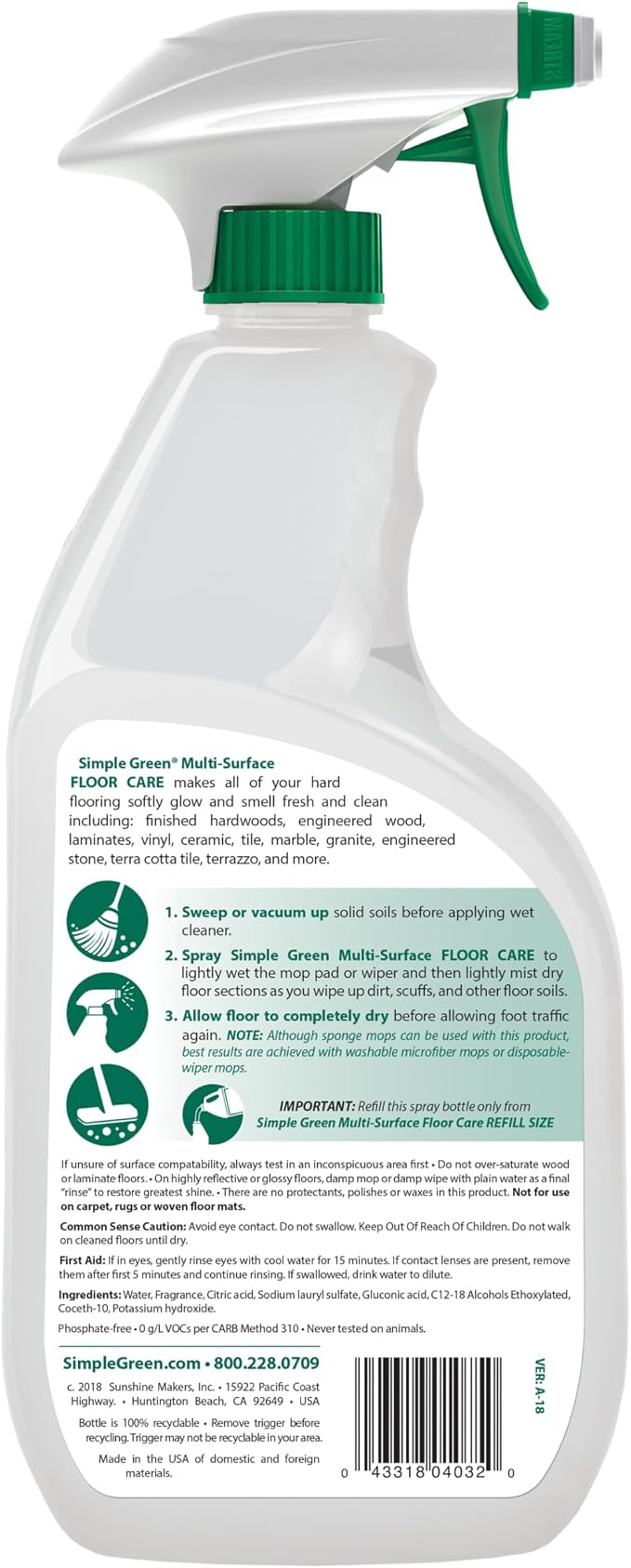 Simple Green Multi-Surface Floor Care - Cleans Hardwood, Vinyl, Laminate, Tile, Concrete and Other Wood - pH Neutral Floor Cleaner 32oz