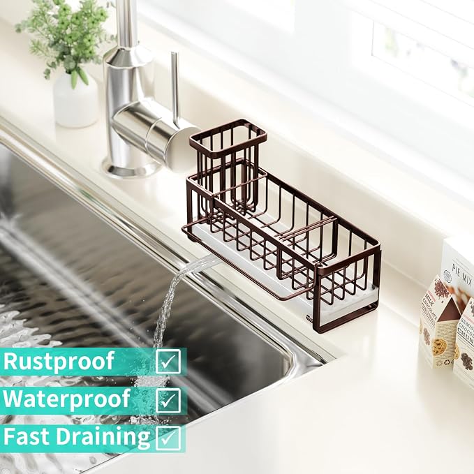 HapiRm Sponge Holder for Kitchen Sink - Self-draining Sink Caddy with Brush and Dishcloth Holders, Stainless Steel Kitchen Organizer for Countertop - Bronze