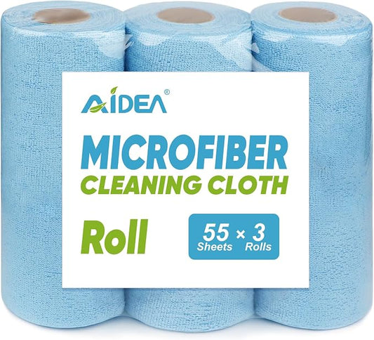 AIDEA Microfiber Cleaning Cloth 165 Sheets 3 Roll, Blue Shop Towels, 11×9" | Reusable Paper Towels Bulk, Microfiber Towels for Cars, Shop Rags Washable, Cleaning Rags for Automotive, Workshops, House