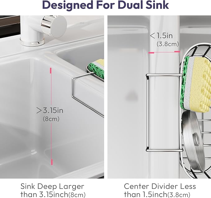SWTYMIKI Sponge Holder for Kitchen Sink - Movable Sink Caddy with Smiley Face Sponge Holder, Rustproof Hanging Sponge Organizer in Double Bowl Sinks Depth>3.15in, Middle Divider<1.5in, Silver