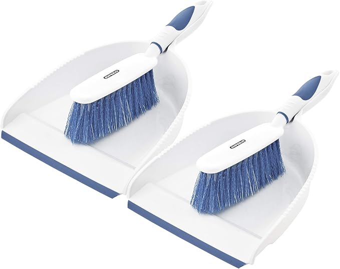 Dustpan and Brush Set, Hand Broom with Ergonomic Grip Handle - Rubber Edge for Easy Dirt Pickup, Durable Material - Grey & Blue Hand Brush by Superio, 2-Pack (Blue, 2-Pack)