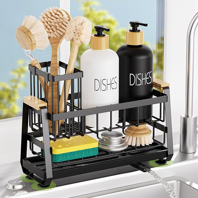 Sponge Holder for Kitchen Sink, Kitchen Sink Caddy with Suction Cup, Sink Organizer Rack for Kitchen Accessories, 304 Stainless Steel Dish Scrubber Holder Self Draining for Sponge, Soap, Dish Brush