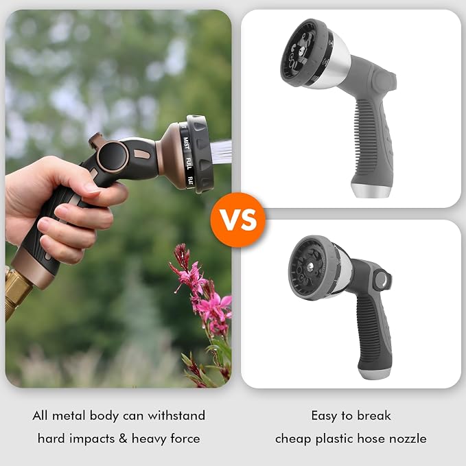 RESTMO Hose Nozzle Heavy Duty, Metal Water Hose Sprayer for Garden | 9 Spray Patterns, Leak Proof, Thumb Flow Control, On/Off Valve, Ideal for Outdoor Lawn & Plant, Car & Pet, Brown