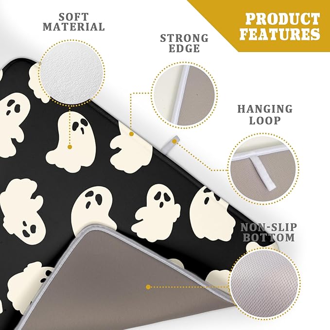 Halloween Ghost Dish Drying Mat 16X18 Inch Spooky Halloween Drying Mat for Kitchen Counter Black White Absorbent Microfiber Reversible Dishes Pad Dish Drainer Mat for Halloween Kitchen Accessories
