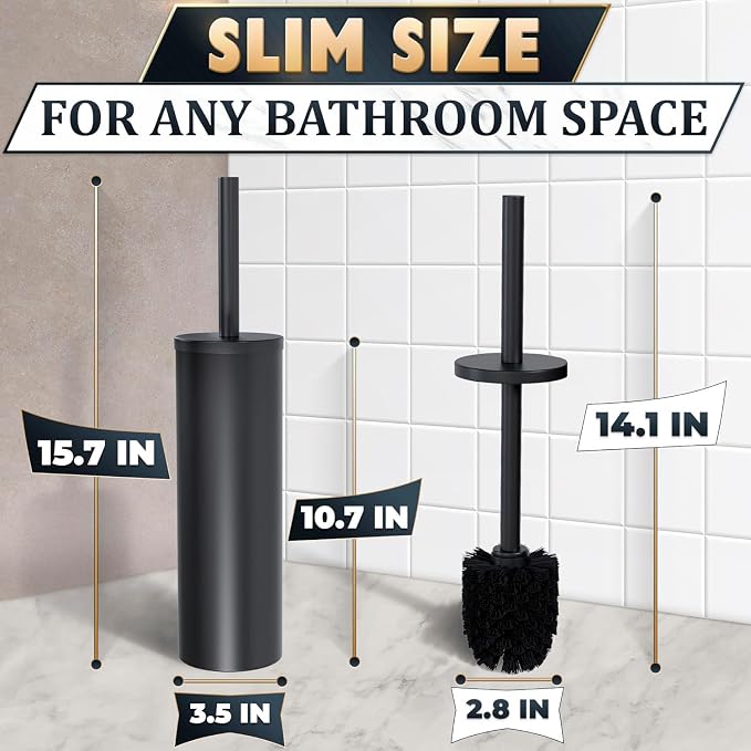 2 PCS Black Toilet Brush and Holder Set - Scratch Resistant Black Toilet Bowl Brush and Holder with Soft Bristles Replaceable Head, Protection from Splashes, and Compact Design - for Cleaning