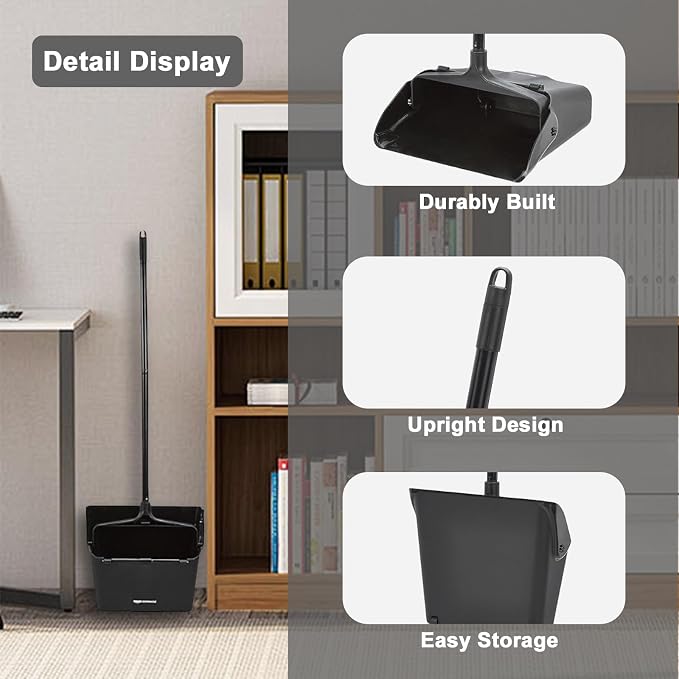 Pivoting Upright Dust Pan with Long Handle and Wheels, Large Capacity, Heavy Duty Commercial Dustpan for Indoor Outdoor, Standing Dust Pan for Home and Restaurant Cleaning, Black