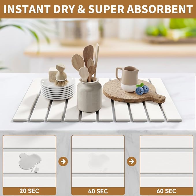 Large Stone Dish Drying Mat for Kitchen Counter,23.6''x15.3'' Foldable Quick Dry Stone Kitchen Mat,Eco-Friendly,Absorbent Diatomaceous Earth Mats for Dishes Bottles Cups Bathroom Any Countertop-White