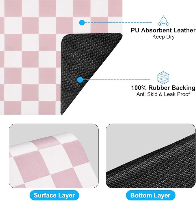 CooRug Checkered Dish Drying Mat, 12" x 20", Pink | Absorbent, Leak-Proof, Non-Slip, Heat Resistant, For Kitchen Counter & Coffee Bar, Eco-friendly Materials, Easy to Clean