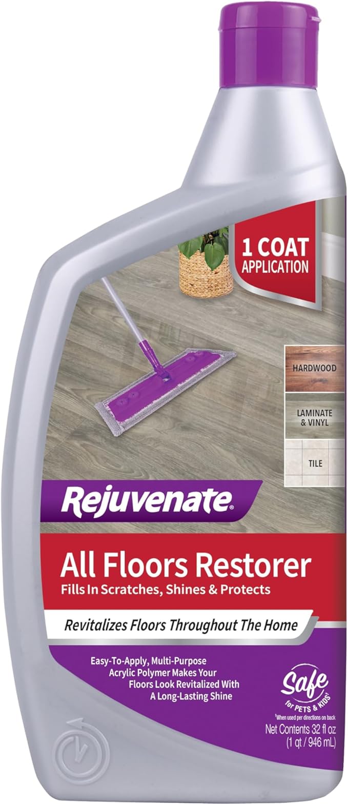 Rejuvenate All Floors Restorer Fills Scratches, Shines And Protects All Floor Types, Including Hardwood, Laminate, Vinyl And Tile, 32 Ounces | 1-Coat Application Fills Scratches, Shines & Protects, Safe on Sealed Hardwood, Laminate, Vinyl, & Tile, Safe...