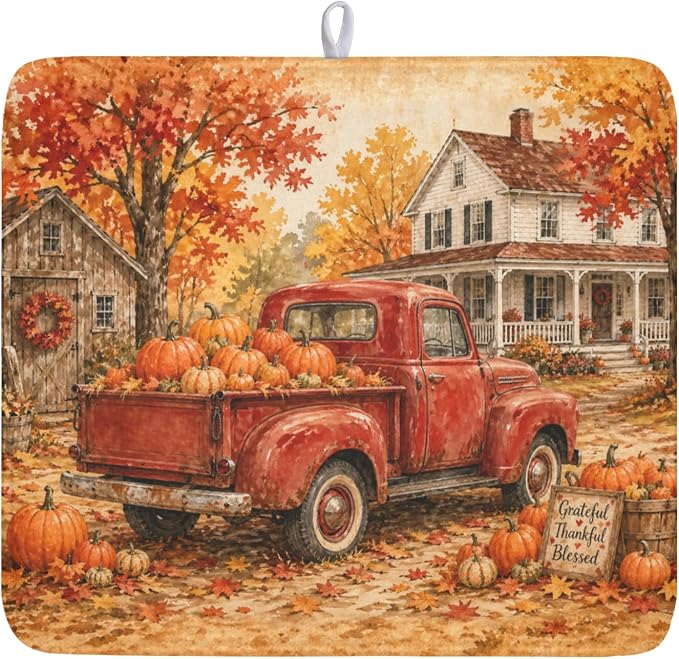 Fall Pumpkin Dish Drying Mat for Kitchen Counter Thanksgiving Autumn Harvest Pattern Microfiber Dish Drainer Mat Vintage Rustic Farmhouse Absorbent Washable Drying Pad 16"x18"