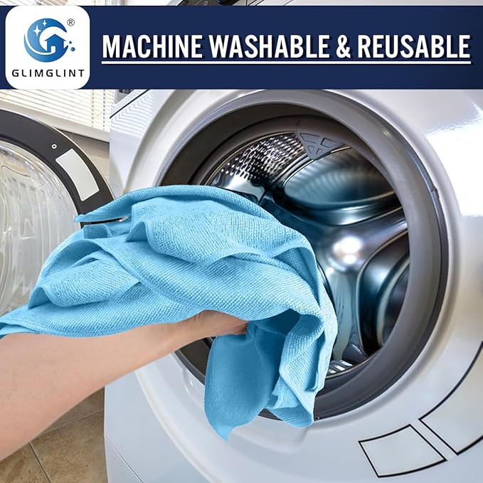 GLIMGLINT Blue Microfiber Cleaning Cloth,12PK Reusable Cleaning Rags, Highly Absorbent Shop Rags Bulk, All-Purpose Car Cleaning Towels for TV Screen, Kitchen, Bathroom, Restaurant Garage, 14"X12"