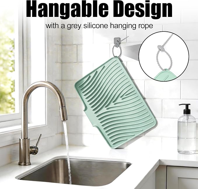 TIKNIK Silicone Dish Drying Mat for Kitchen Counter - Heat Resistant & Non-Slip Dish Drain Pad with Built-In Drain, Dishwasher Safe, Quick-Dry, Hangable & Roll-Up for Storage, Mint-1pcs, 20" x 15"