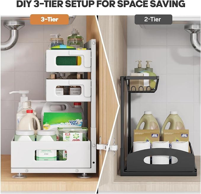 2 Pack 21IN-Depth Under Sink Organizer,Pull Out Cabinet Organizer With Smooth Cylindrical Rail,Metal Slide Out Drawer for Kitchen Bathroom Laundry,8-Level Tool Free Height Adjustable-White