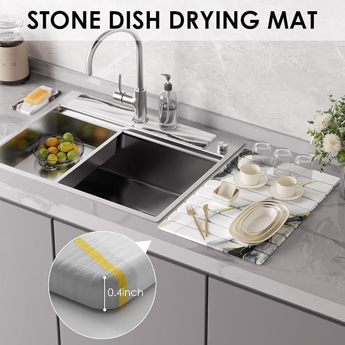 4-Piece Large Stone Dish Drying Mat for Kitchen Counter, 24"x16" Super Absorbent Diatomaceous Earth Drying Mat Set with Faucet Mat & Small Utility Mat, Rollable Quick Dry Pad for Dishes, Cups, Bottles