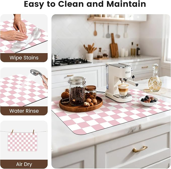 17" x 32" Checkered Dish Drying Mat for Kitchen Counter, Absorbent Coffee Bar Mat for Espresso Machine Coffee Countertops Accessories, Pink