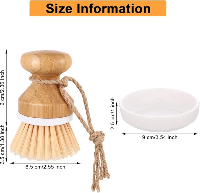 Boao 3 Pieces Bamboo Dish Scrub Brush and 1 Holder Natural Wooden Kitchen Cleaning Scrubbers Durable Bamboo Palm Household Pot Scrubber Brush for Dishes Pots Pans Kitchen Sink Cleaning
