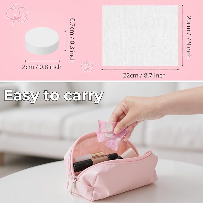 Classycoo 200 PCS Disposable Compressed Towels Tablets- Individually Wrapped Face Towel Travel, Portable Mini Magic Clean Towelettes Daily Single, Camping(Alcohol-Free, Odorless, Pink+White)