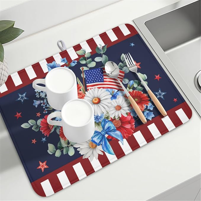 4th of July Dish Drying Mat for Kitchen Counter Patriotic Red Blue and White Floral American Flag Microfiber Dish Drainer Mat Absorbent Washable Drying Pad Extra Large 18"x24"