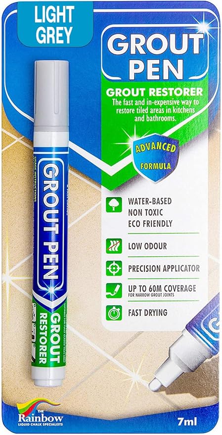 Grout Pen Light Grey Tile Grout Paint Marker - Narrow 5mm Tip (7mL) | Waterproof Grout Line Refresher for Kitchen & Bathroom, Colorant and Sealer Pens for Cleaner Looking Grout Lines - Light Grey