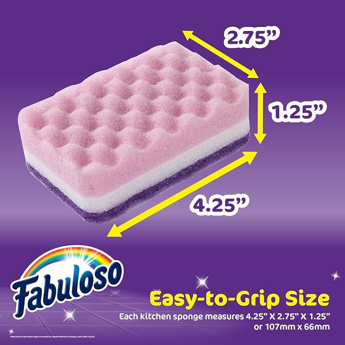 Fabuloso Scratch-Free Kitchen Dish Sponges Purple Cellulose Scrubber Sponge Scouring Pad Dishes Pots Pans Counters and Sinks Tough on Messes 4.25 x 2.75 x 1.25 in 6 Count 2 Pack Kitchen Cleaning