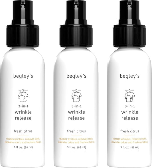 Begley's 3-in-1 Wrinkle Remover, Quick Fix Wrinkle Release, Static Cling Remover, Odor Eliminator and Fabric Refresher Spray - USDA Certified Biobased - Citrus, 3 oz Travel Size