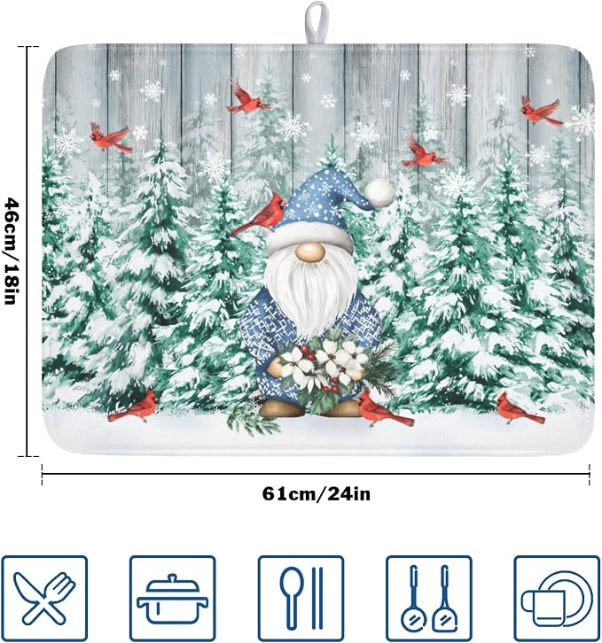 Giwawa Winter Gnome Dish Drying Mat Pine Tree Dishes Pad 18"x24" Microfiber Absorbent Fast Dry Drainer Rack Mats Protector for Kitchen Countertop