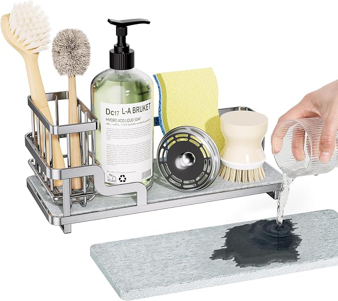 Consumest Sponge Holder for Kitchen Sink - Sink Caddy Organizer with Water Absorbing Stone Tray, Detachable Brush Holder, Stainless Steel Kitchen Counter Organizer Rack, Silver