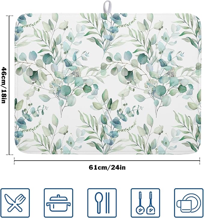 Sage Green Leaves Dish Drying Mats for Kitchen Counter 18x24 Inch, Leaves Kitchen Drying Mat,Watercolor Herbs Dishes Pad Dish Drainer Rack Mats Absorbent Fast Dry Kitchen Accessories
