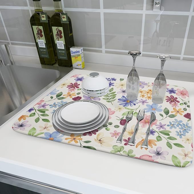 Floral Dish Drying Mat for Kitchen Counter 18x24, Spring Decorative Absorbent Reversible Microfiber Kitchen Countertop Protector Dishes Drainer Pad, Colorful Cute Flower